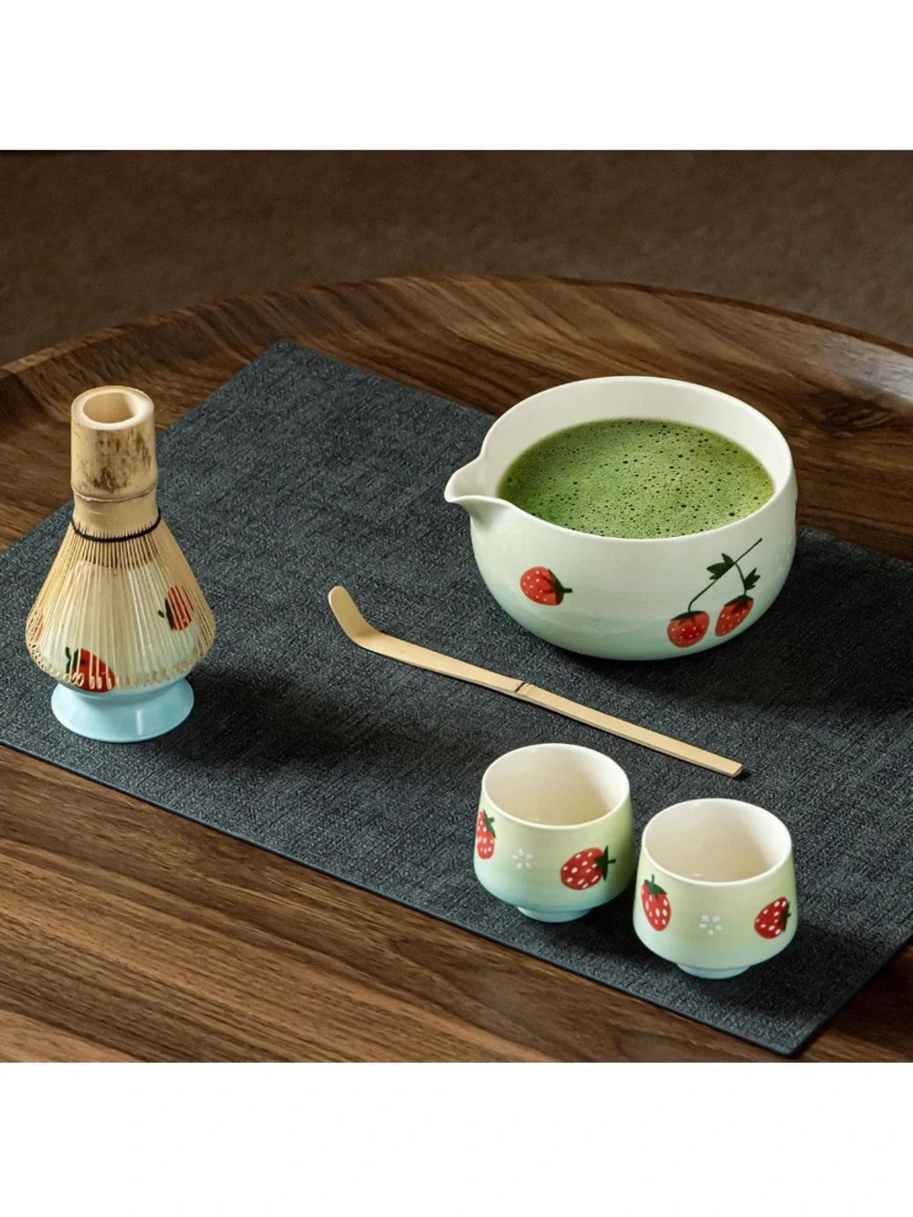 NWOT Green Strawberry Ceramic Matcha Set with Whisk and Spoon